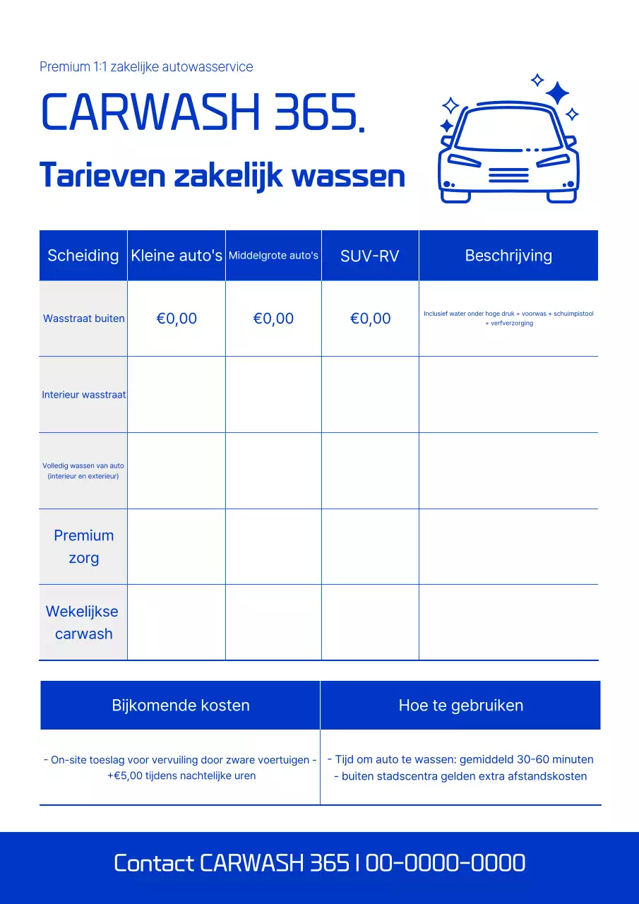 Blue Simple Autowas Tariefgids