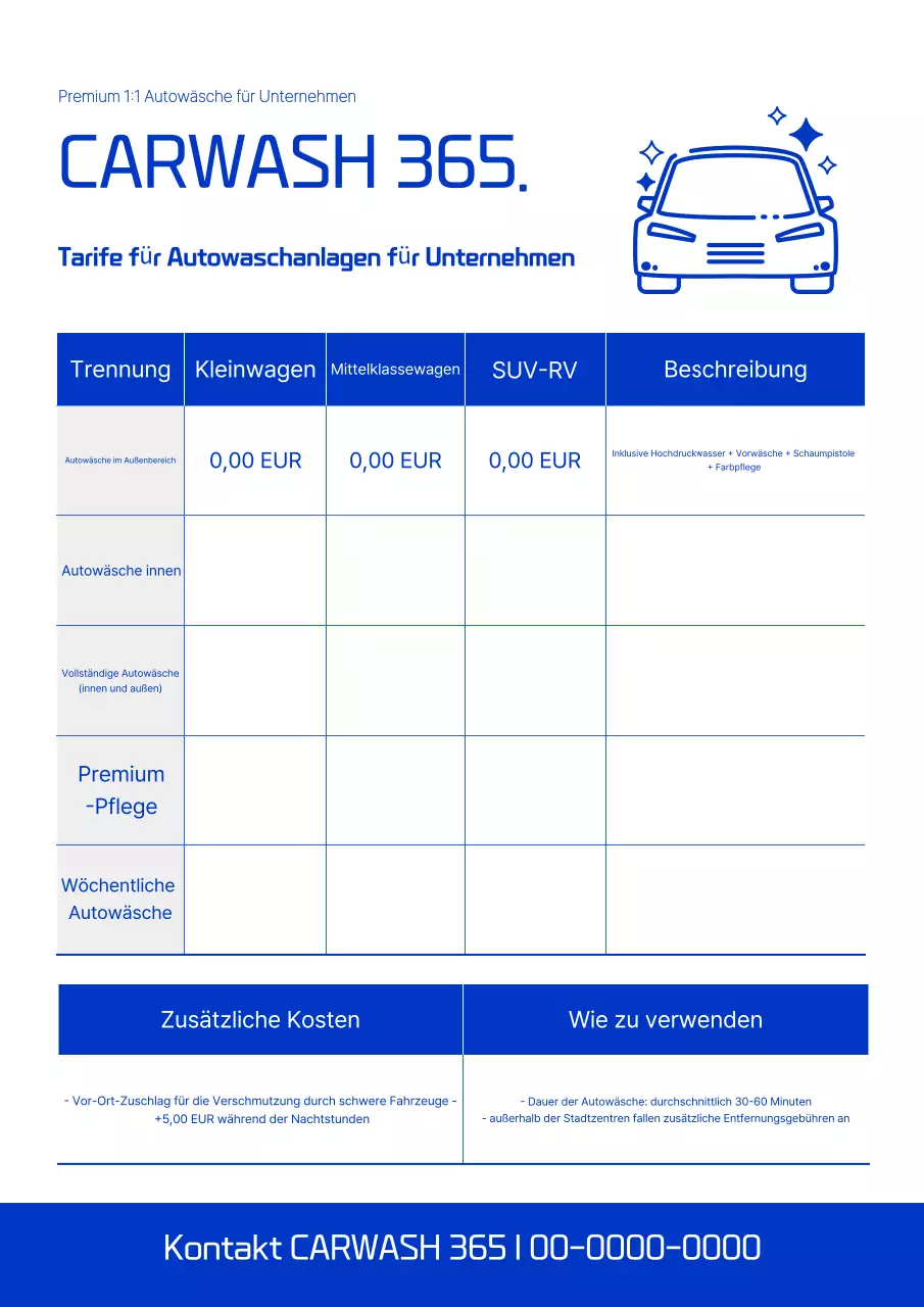 Blue Simple Autowasch-Preisleitfaden