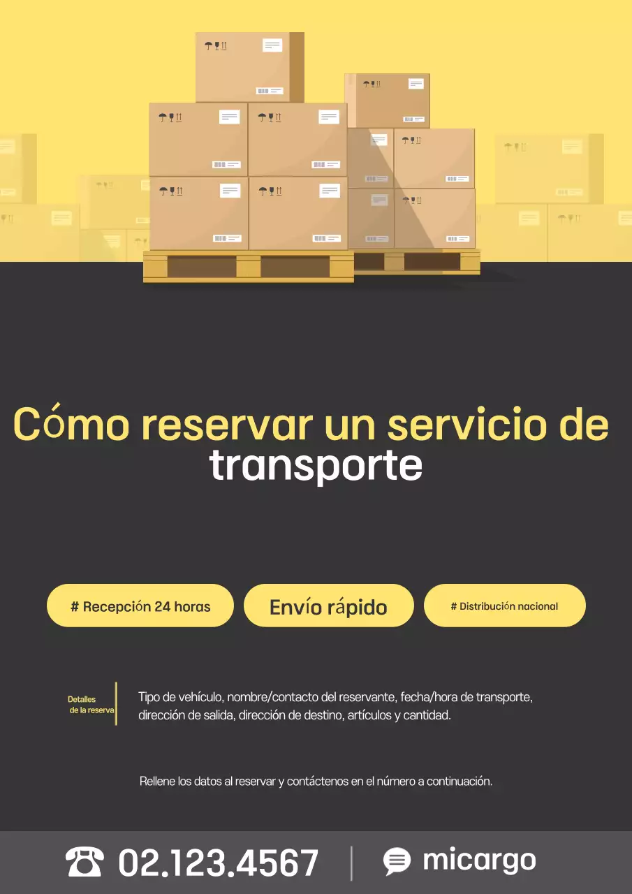 Aviso de transporte de carga en amarillo y gris.