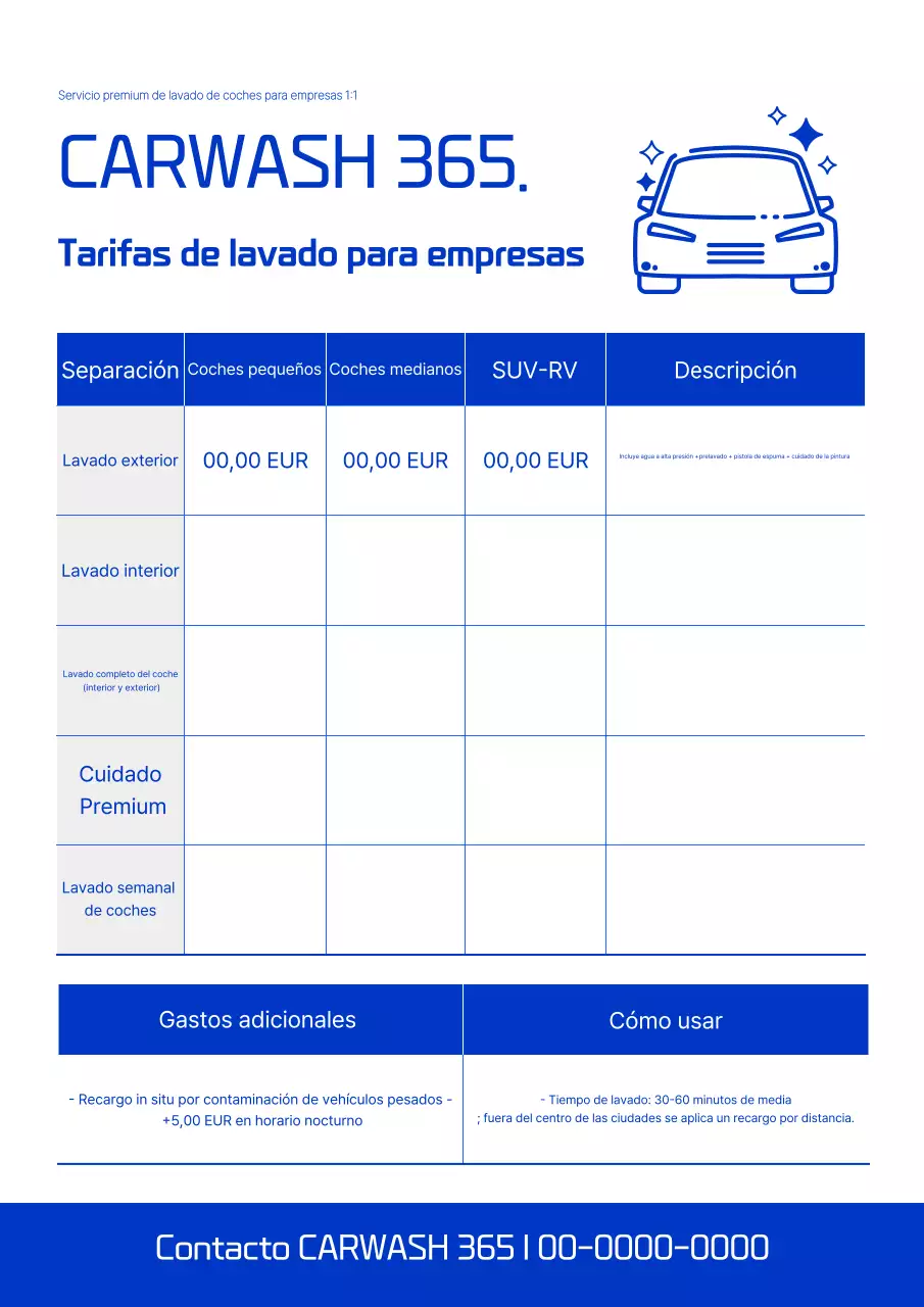 Guía de tarifas de lavado de autos Blue Simple