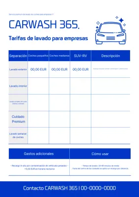 Guía de tarifas de lavado de autos Blue Simple