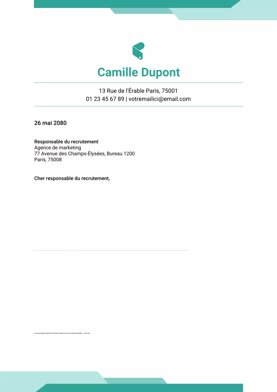 Affiche de lettre de motivation moderne bleu sarcelle