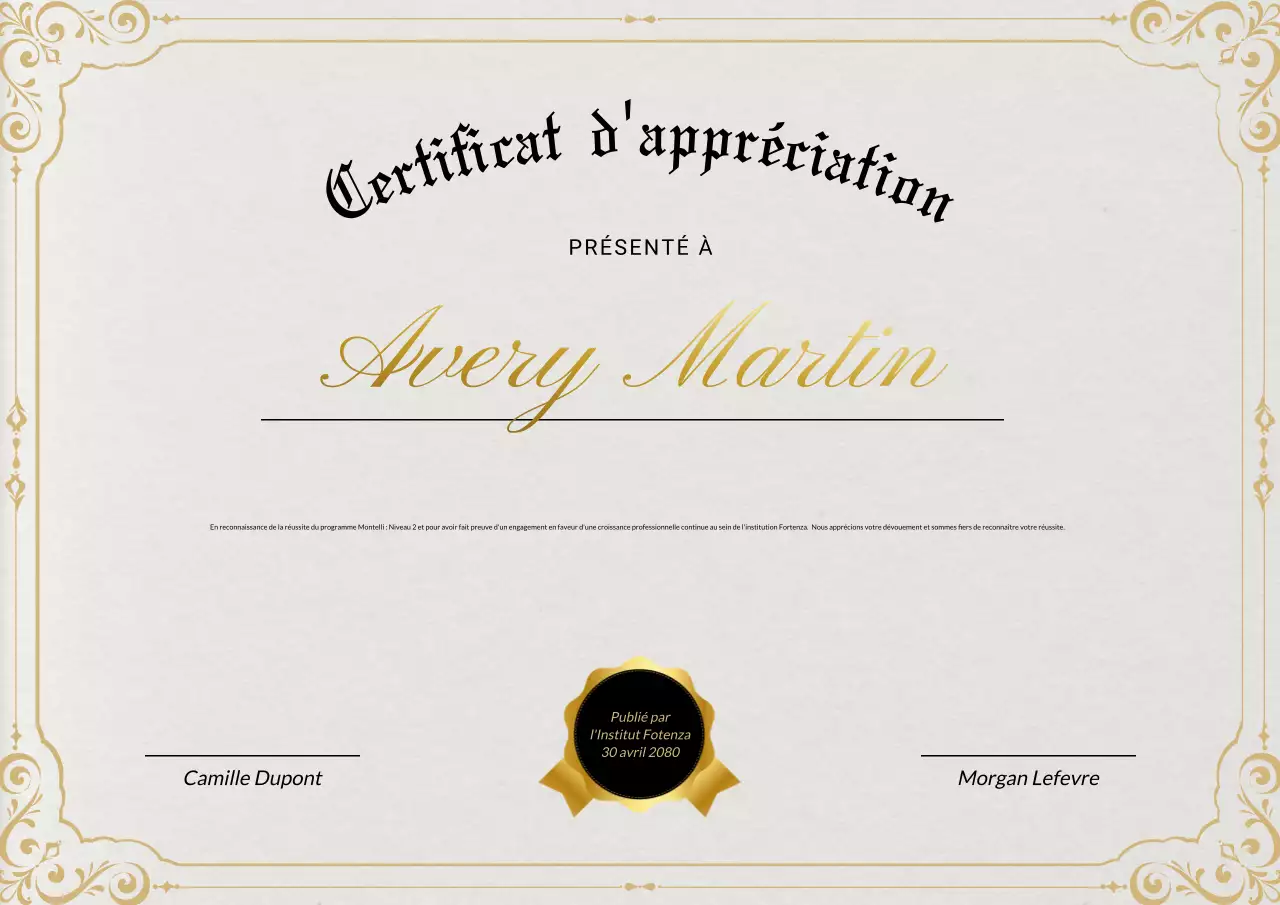 Affiche de certificat d'entreprise classique et élégante beige et or