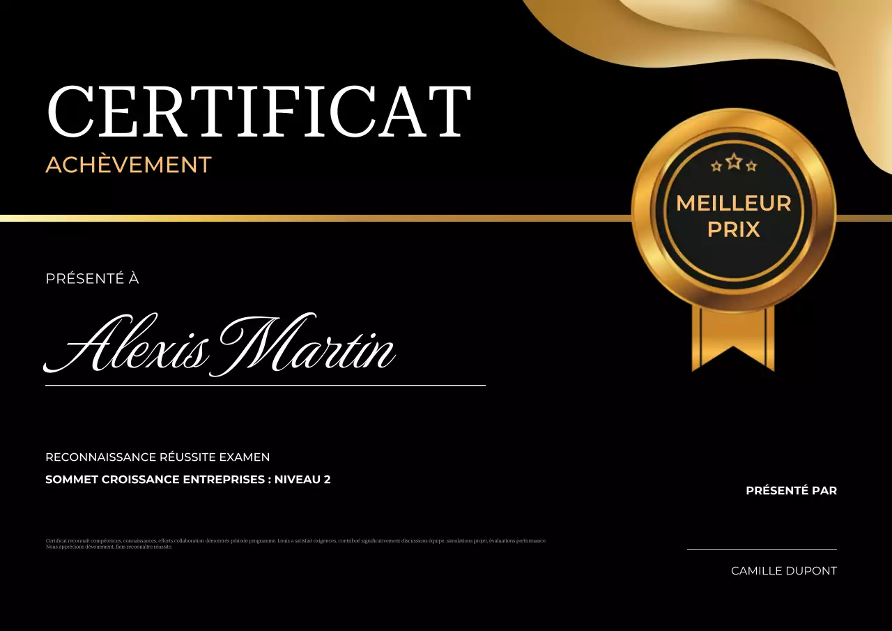 Certificat d'achèvement élégant en or