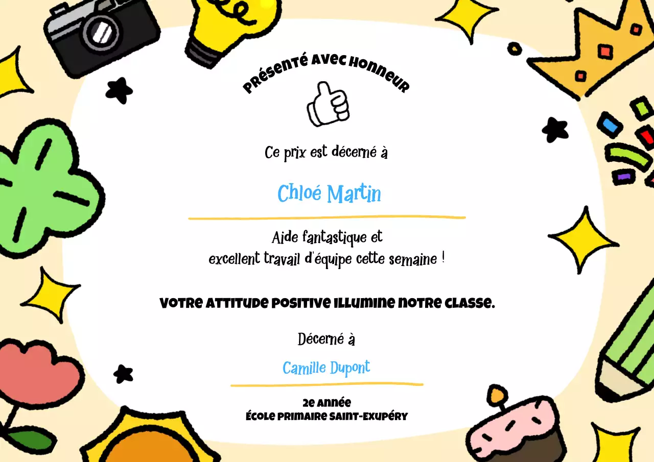 certificat de récompense ludique et coloré