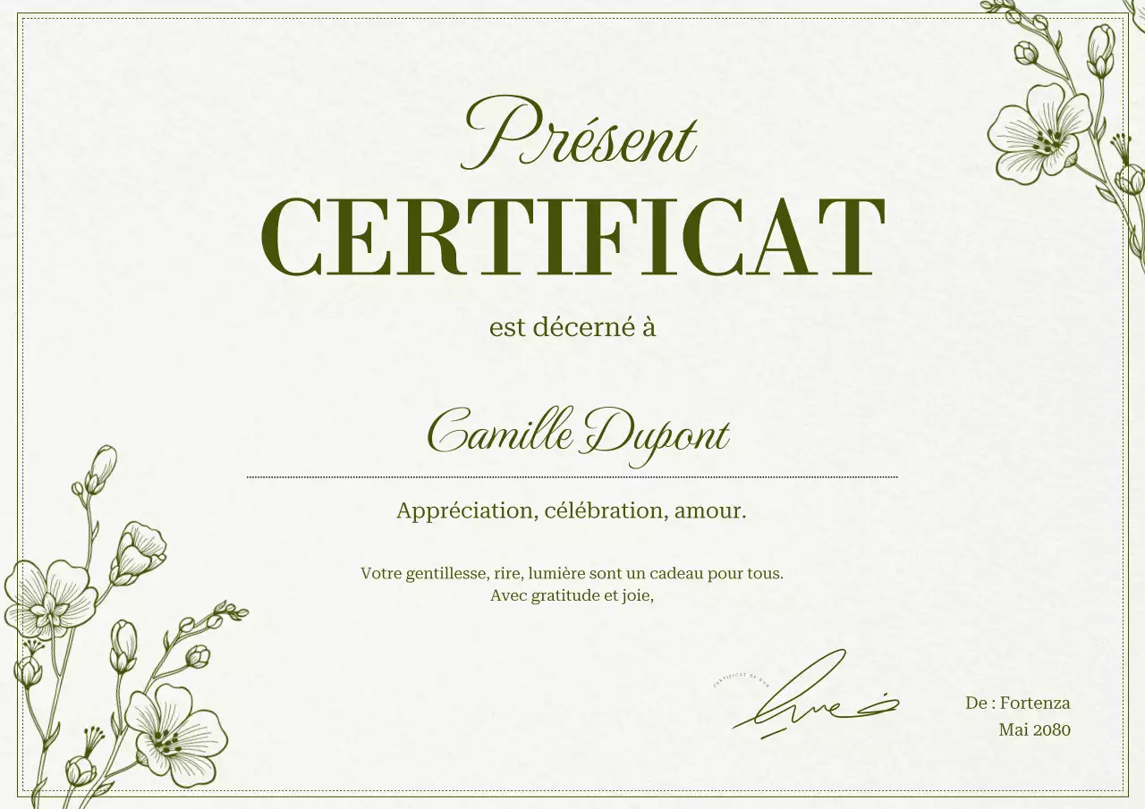Certificat d'appréciation élégant à motif floral vert et beige