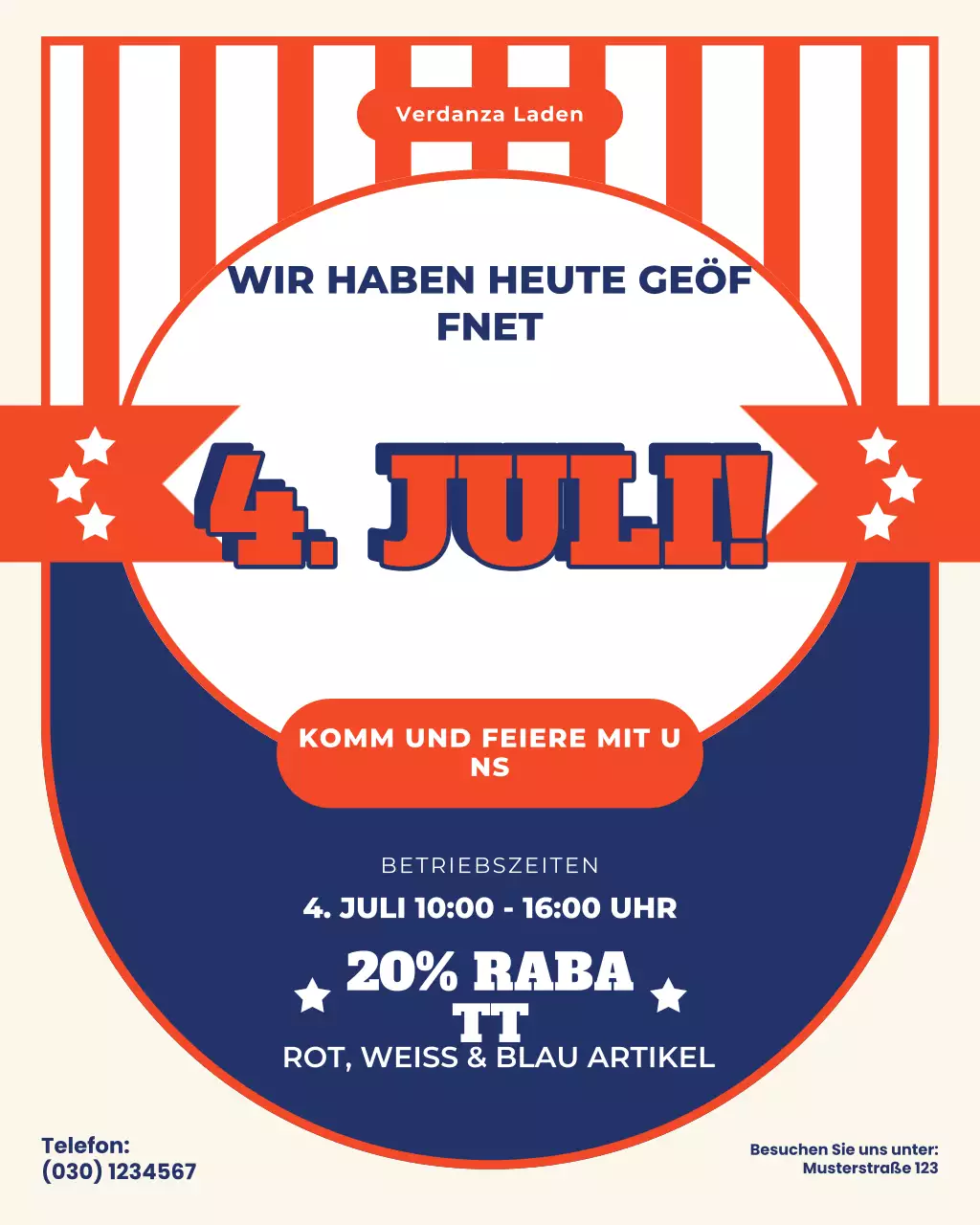 Roter und blauer Instagram-Beitrag zu den Öffnungszeiten am 4. Juli