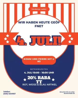 Roter und blauer Instagram-Beitrag zu den Öffnungszeiten am 4. Juli
