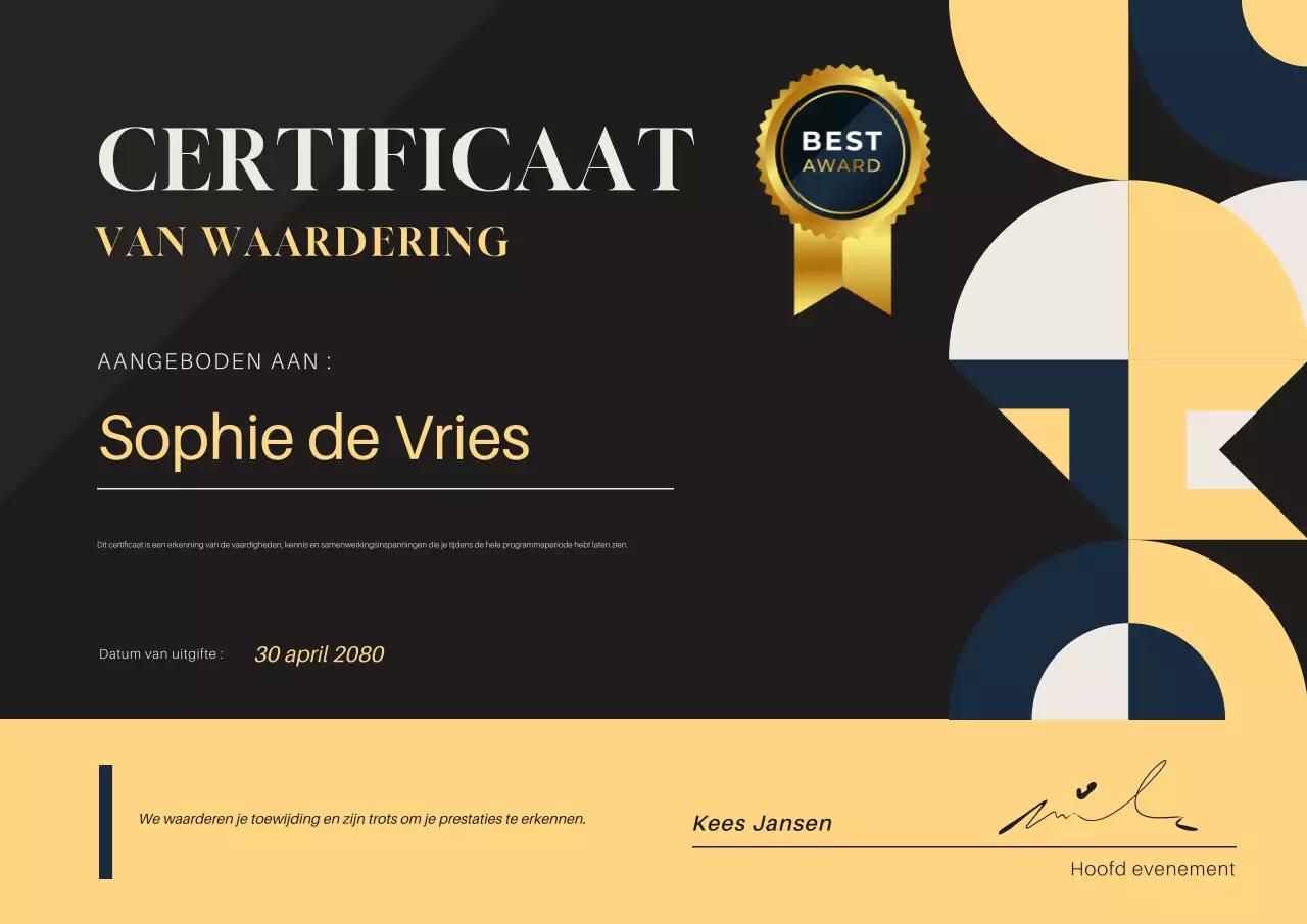 Certificaat voor zwarte geometrische waardering van bedrijven