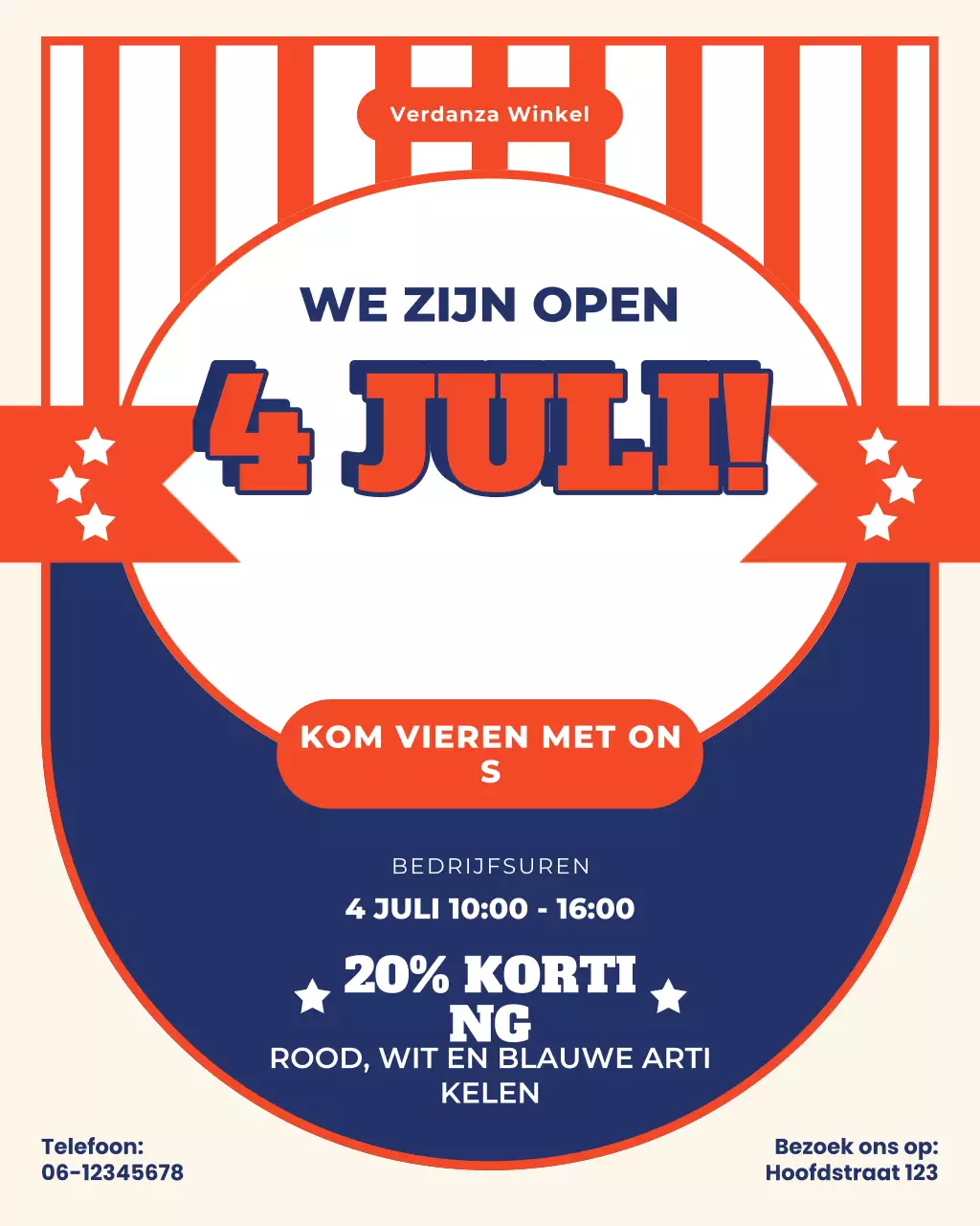 Rood en blauw vetgedrukt Instagram-bericht met openingstijden 4 juli