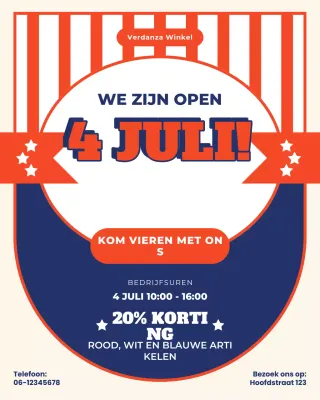 Rood en blauw vetgedrukt Instagram-bericht met openingstijden 4 juli