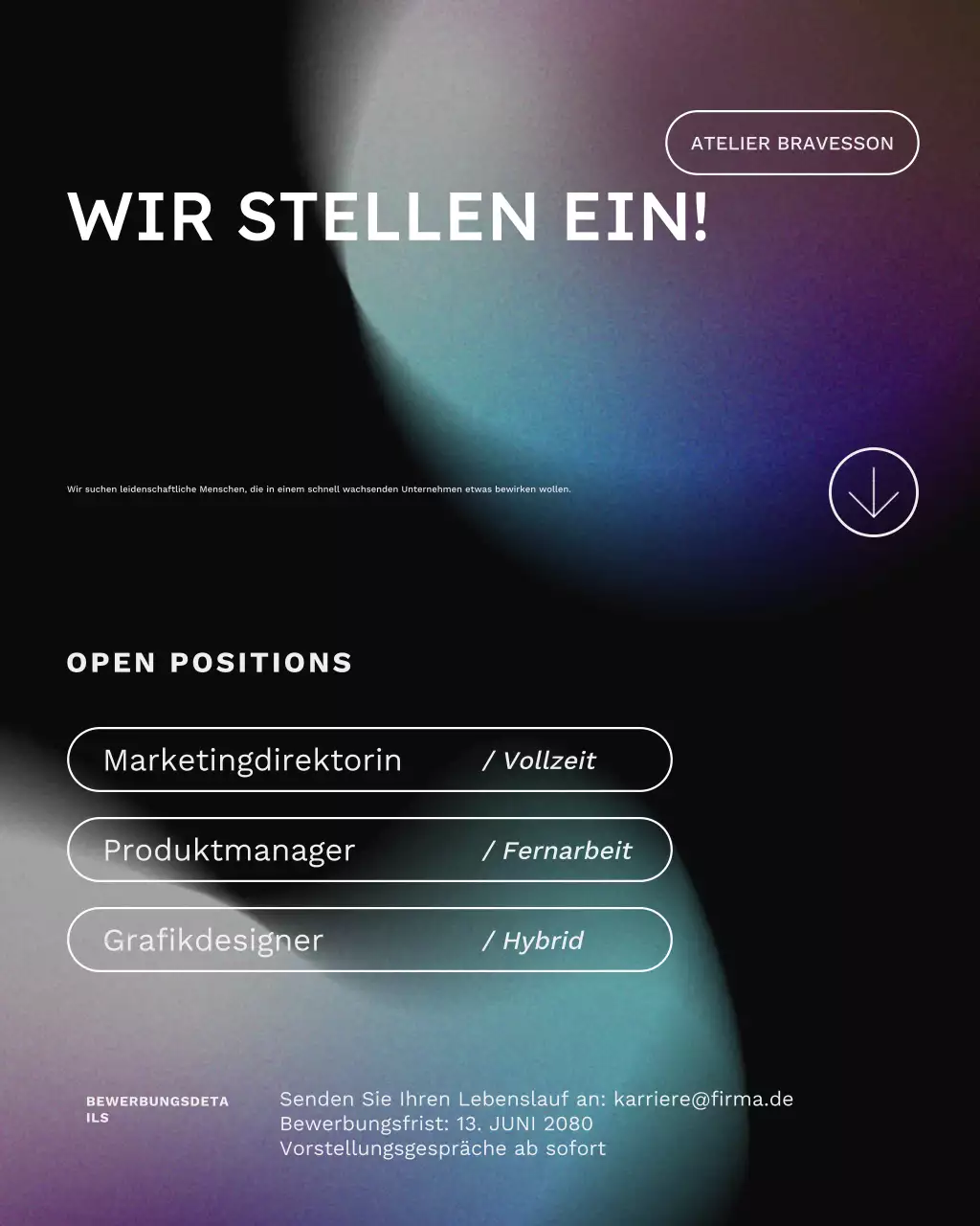 Minimalistischer Stellenangebots-Instagram-Beitrag mit schwarzem und violettem Farbverlauf