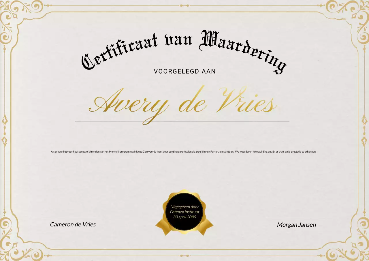 Beige en gouden klassieke elegante zakelijke certificaatposter