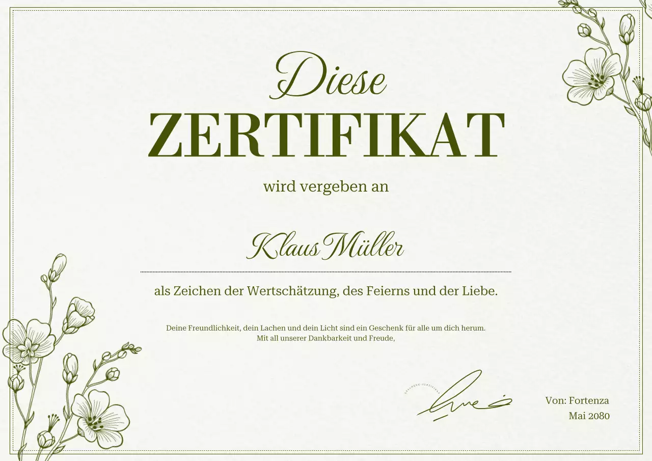Grünes Beige Floral Elegantes Anerkennungszertifikat