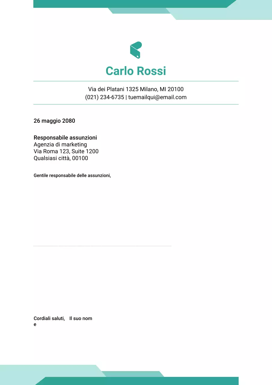 Poster di lettera di presentazione per curriculum moderno color verde acqua