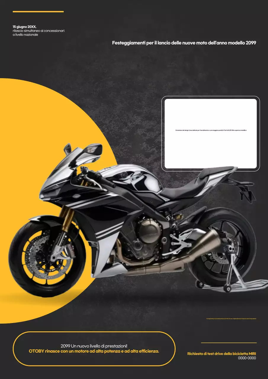 Annuncio dell'uscita della motocicletta moderna gialla