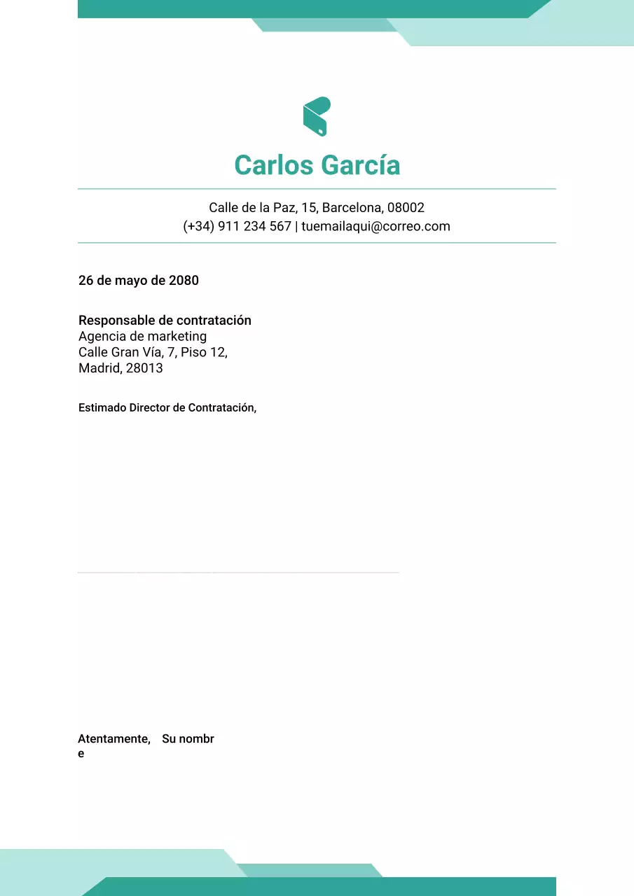 Póster de carta de presentación de currículum moderno en verde azulado