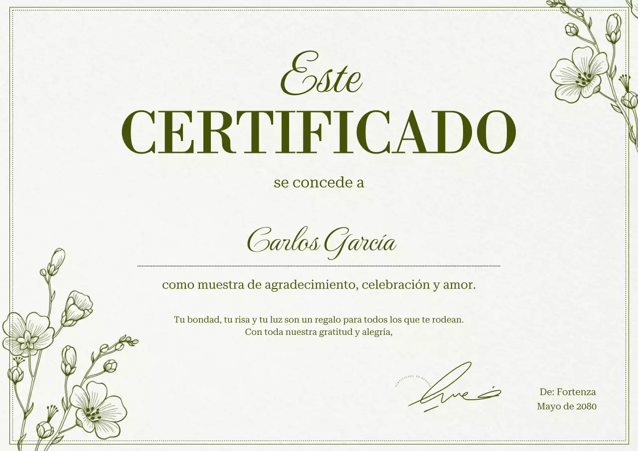 Certificado de agradecimiento elegante con diseño floral verde y beige