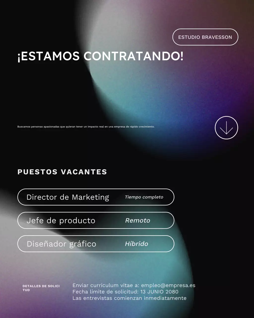 Publicación de Instagram de una vacante de trabajo minimalista con degradado negro y morado