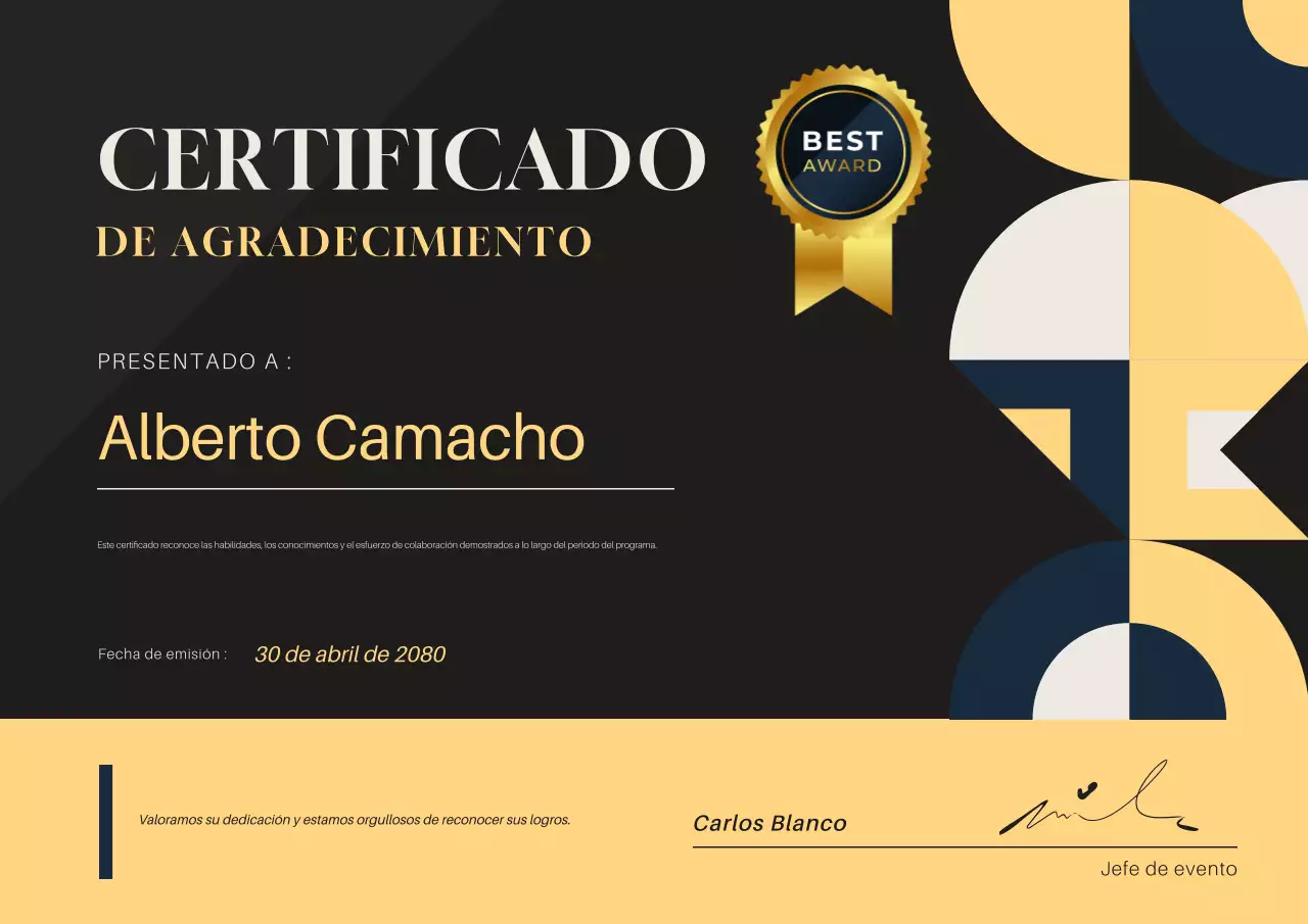 Certificado de apreciación empresarial geométrica negra
