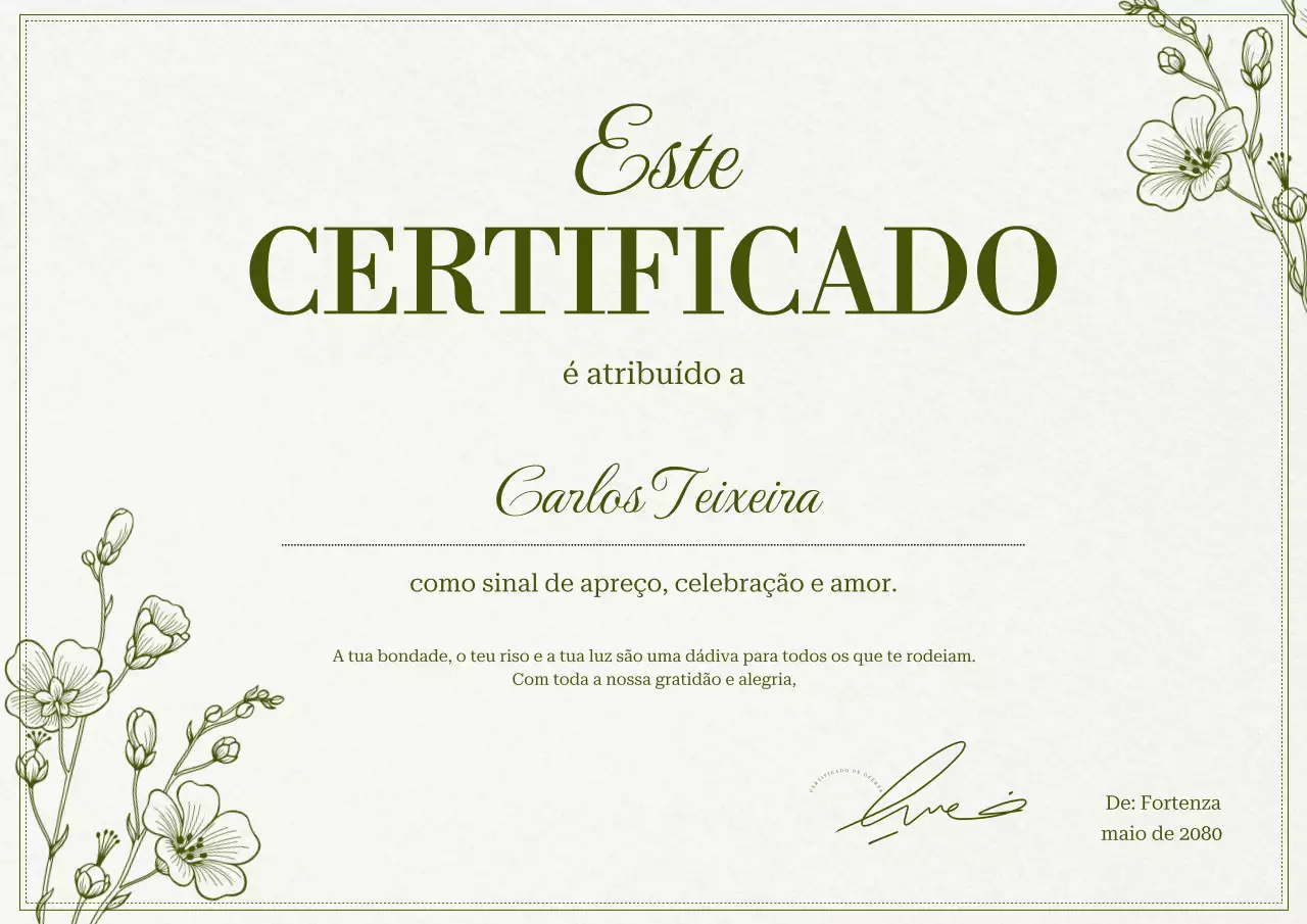 Certificado de agradecimento elegante floral bege verde