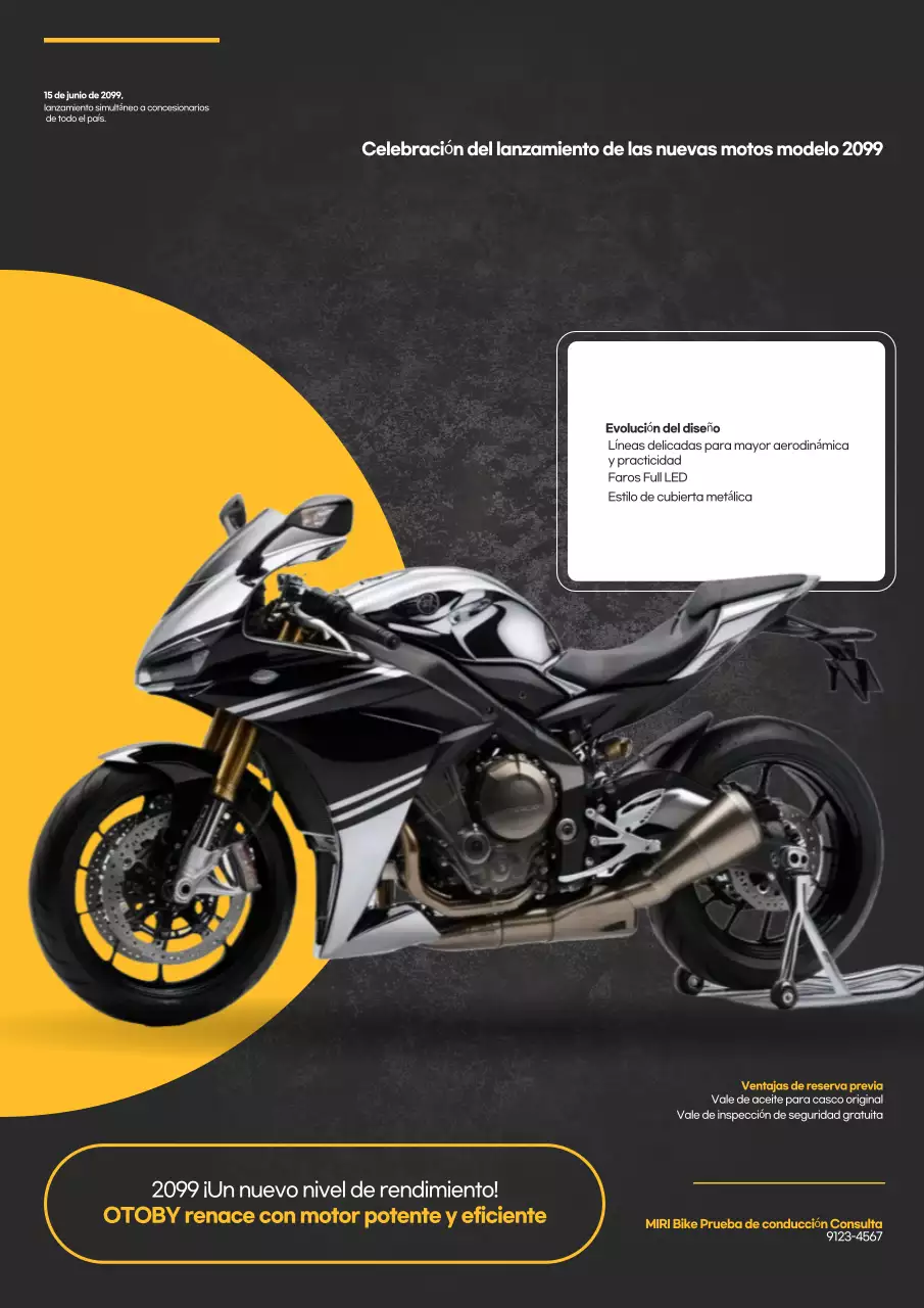 Anuncio del lanzamiento de la motocicleta moderna amarilla.