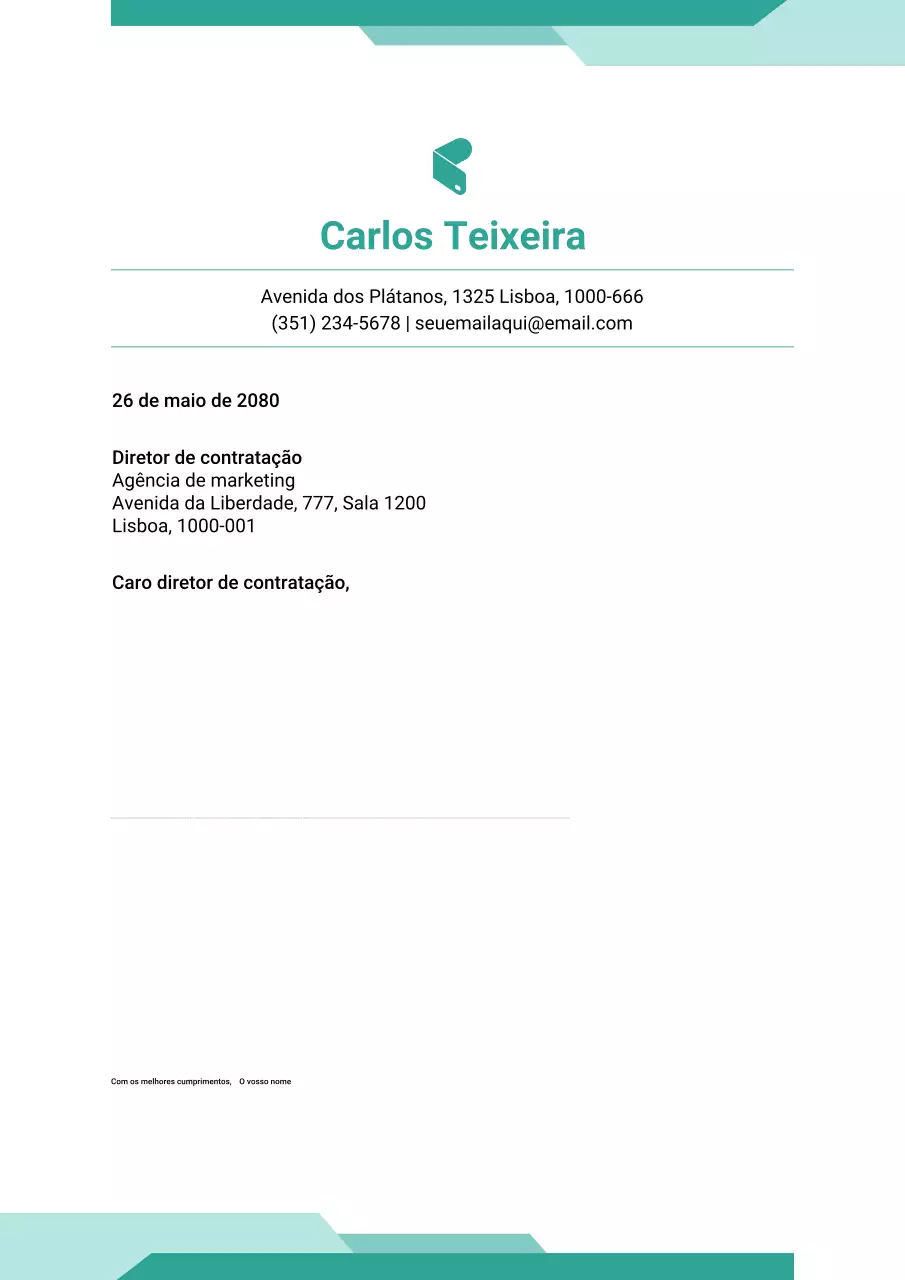 Cartaz de carta de apresentação de currículo moderno azul-petróleo