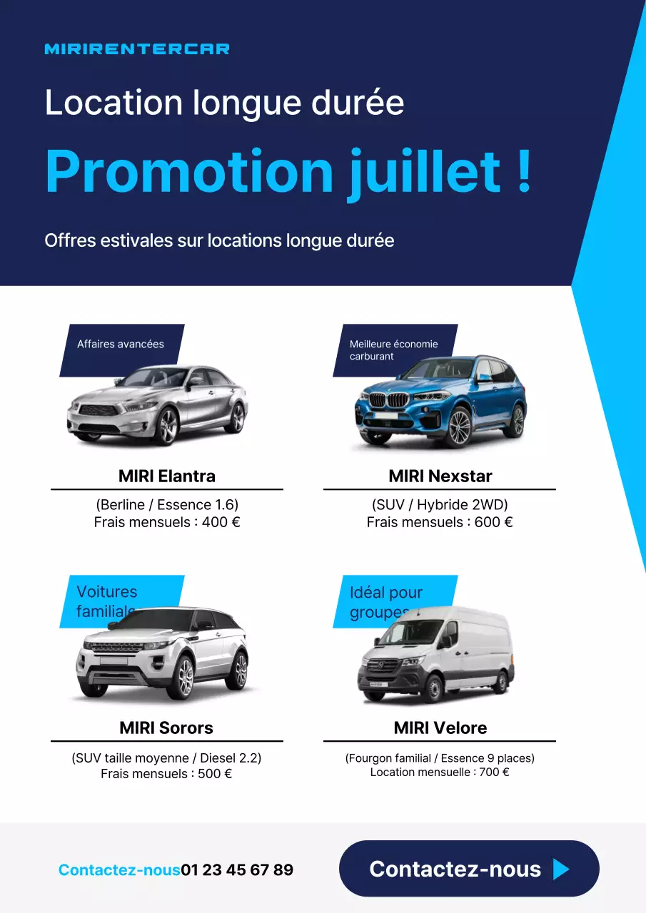 Promotion de location de voitures modernes bleues