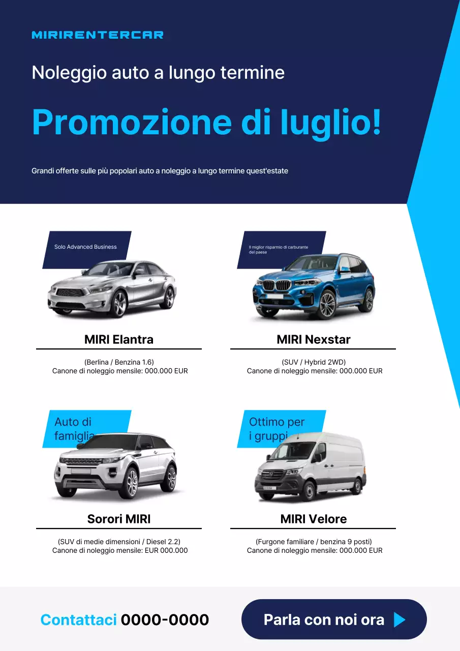 Promozione noleggio auto moderna blu