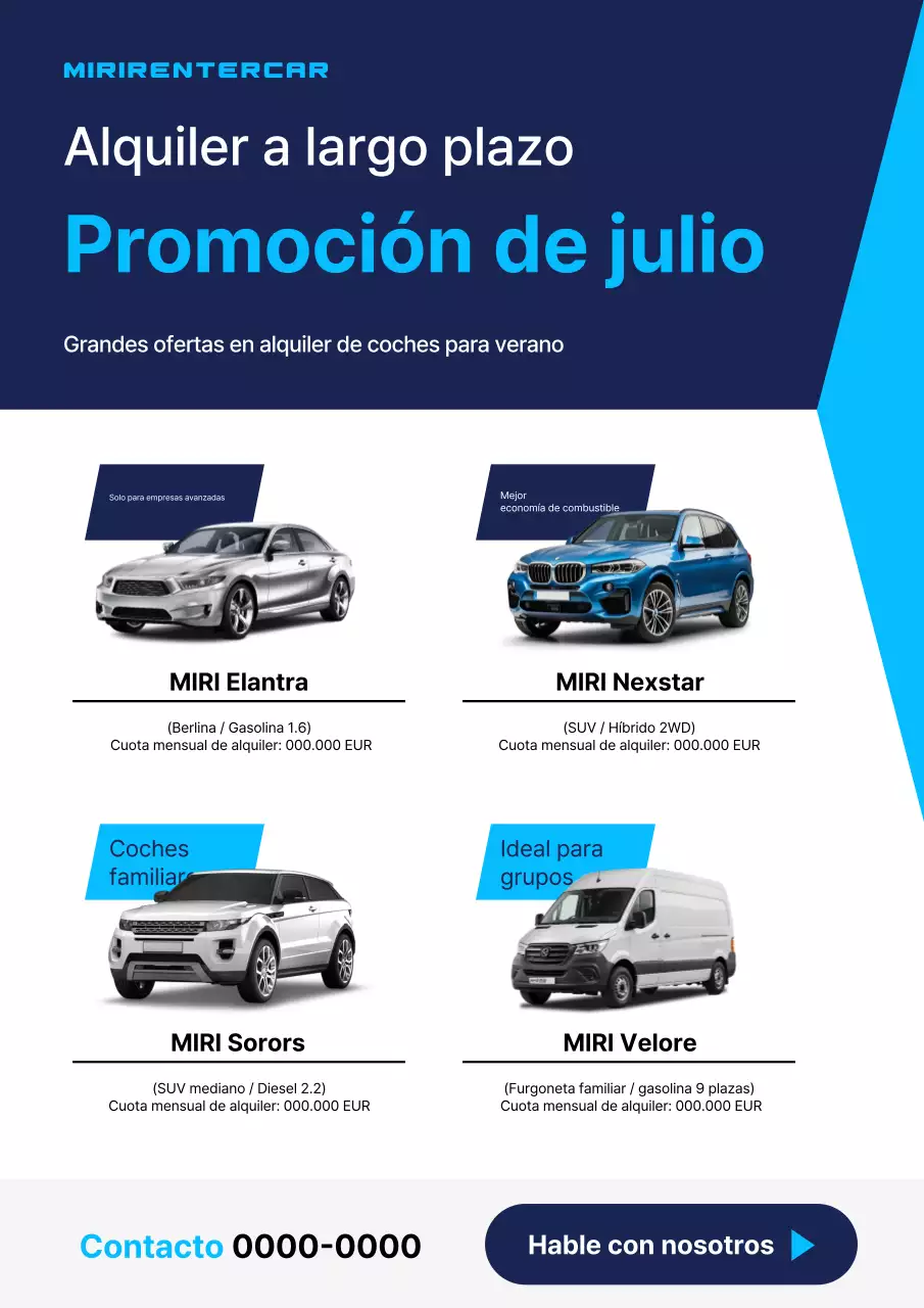 Promoción de alquiler de coches modernos de Blue