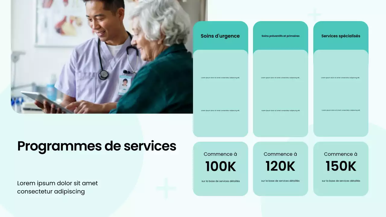 Présentation audacieuse du service hospitalier moderne vert et blanc