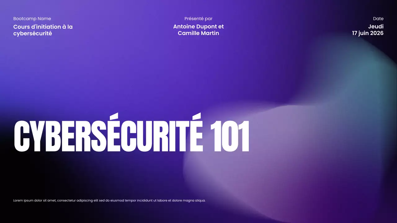 Présentation du Bootcamp de cybersécurité moderne avec dégradé violet et noir