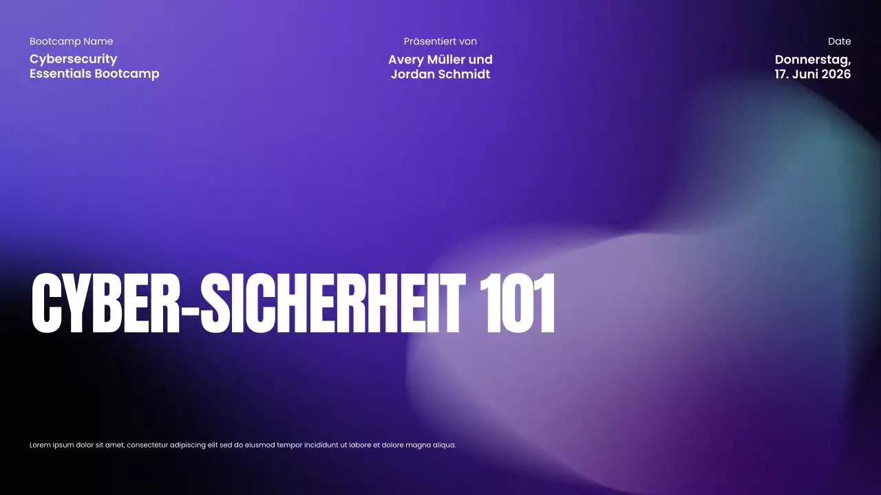 Präsentation des modernen Cybersecurity-Bootcamps mit violettem und schwarzem Farbverlauf