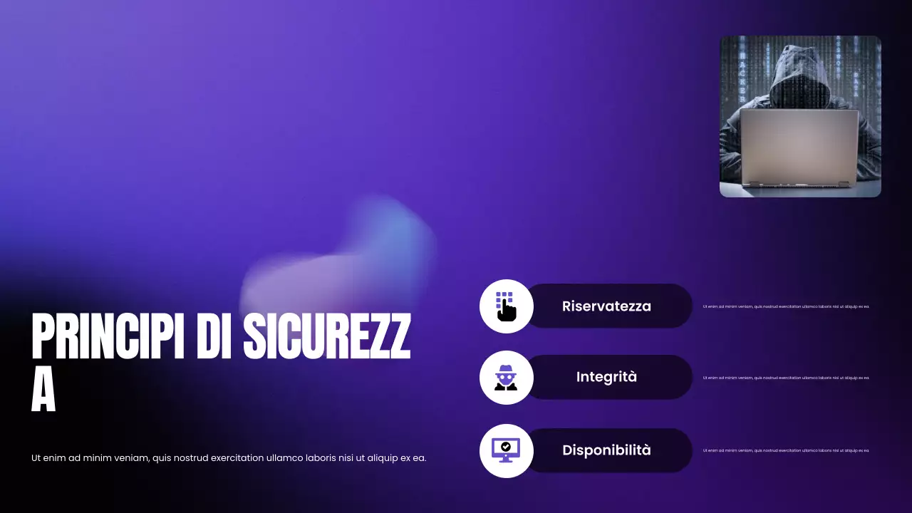 Presentazione del Bootcamp sulla sicurezza informatica moderna con gradiente viola e nero