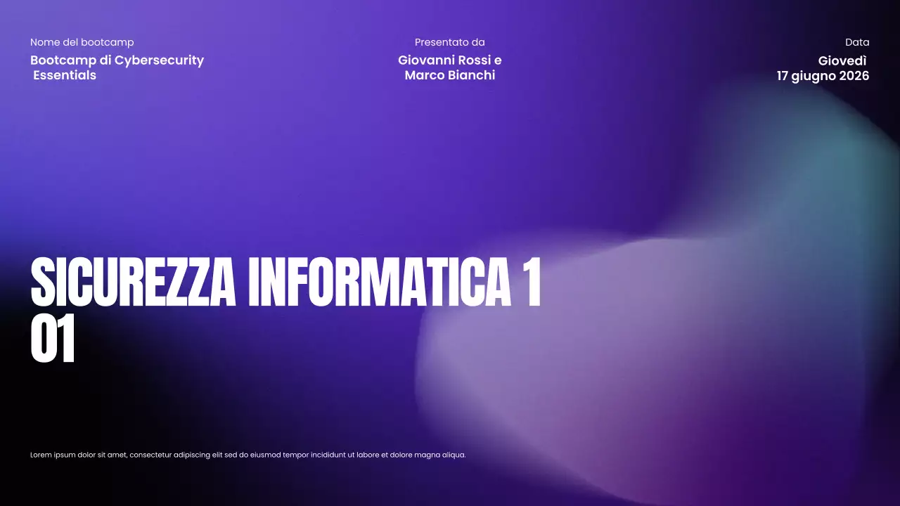Presentazione del Bootcamp sulla sicurezza informatica moderna con gradiente viola e nero