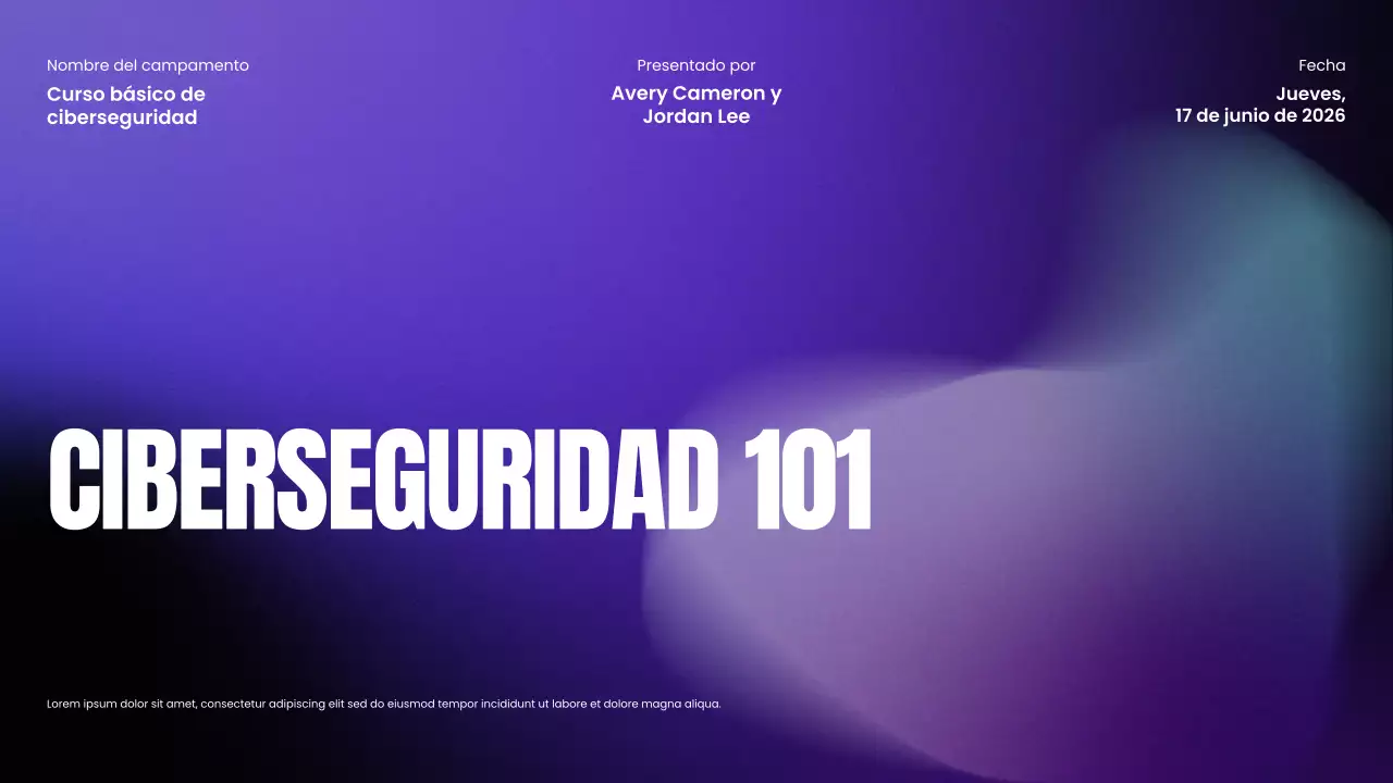 Presentación del Bootcamp de Ciberseguridad Moderna con Degradado Morado y Negro