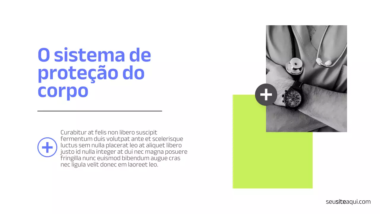 Apresentação minimalista em azul, branco e preto, saúde e medicina