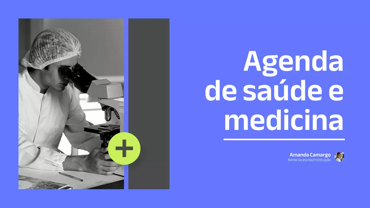 Apresentação minimalista em azul, branco e preto, saúde e medicina