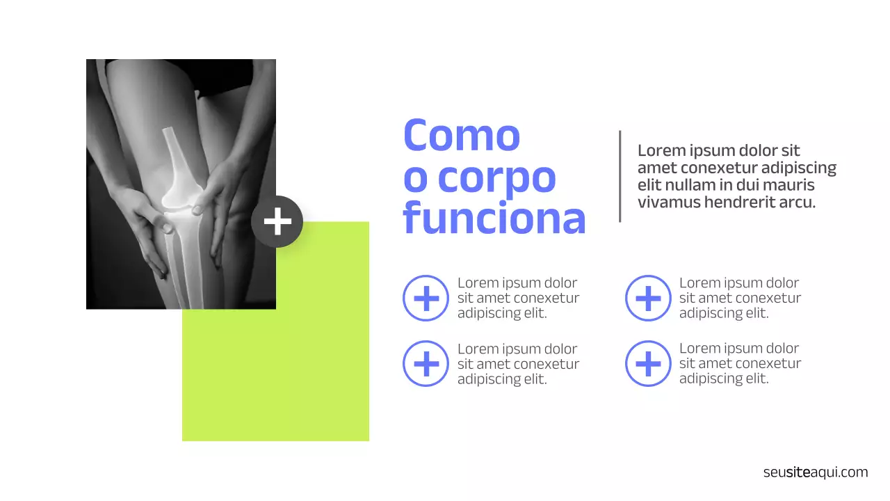 Apresentação minimalista em azul, branco e preto, saúde e medicina