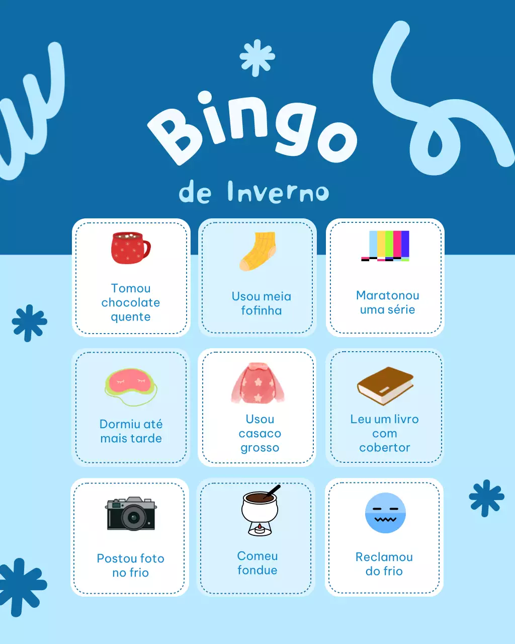 Postagem do Instagram com layout de jogo de inverno lúdico em azul