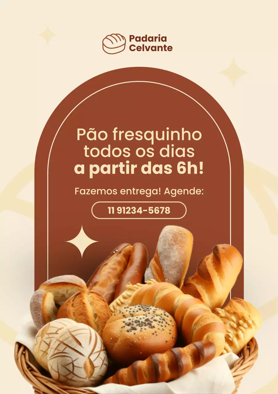 Cartaz promocional de padaria rústica bege
