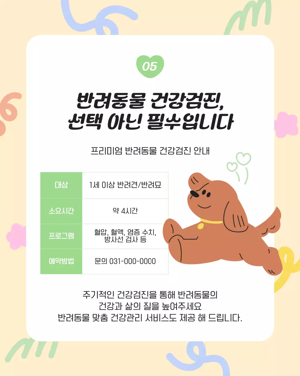 노랑과 하늘색의 아기자기한 반려동물 건강관리 정보