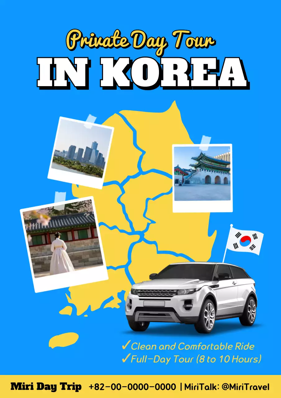 노랑과 하늘색의 팝아트적인 외국인 방문객 대상 프라이빗 투어 서비스 홍보