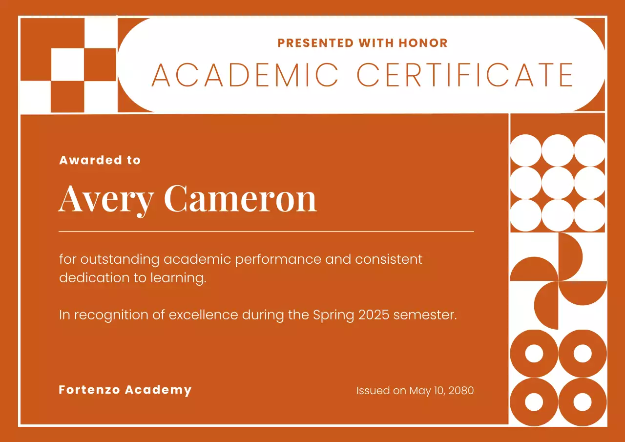Orange and White Bold Geometric Academic Certificate Poster