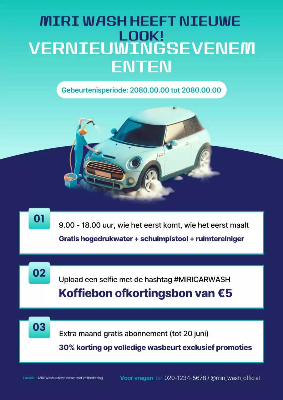Promotie van het vernieuwende openingsevenement van een eenvoudige autowasstraat in de kleuren mint en marineblauw