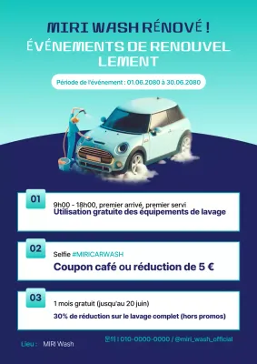 Promotion de l'événement d'ouverture du renouvellement d'un simple lave-auto aux couleurs menthe et bleu marine