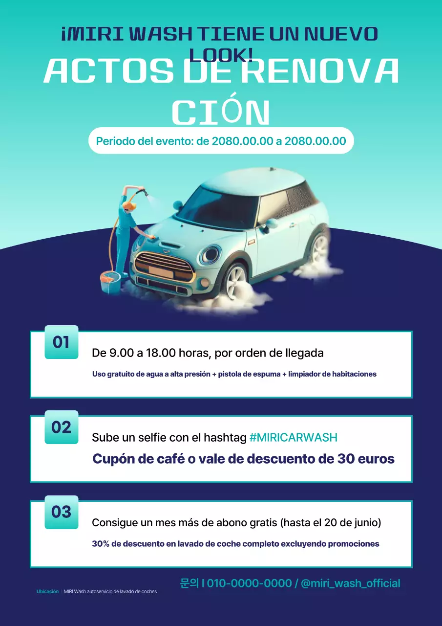 Promoción del evento de inauguración de renovación de un lavadero de autos sencillo en colores menta y azul marino