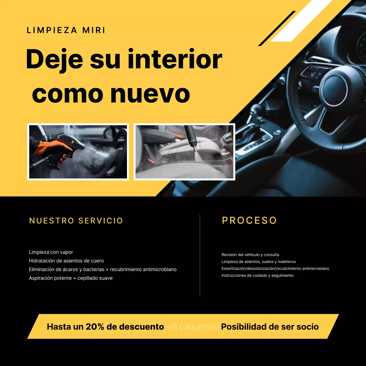 Anuncio de cuidado de automóviles modernos en amarillo