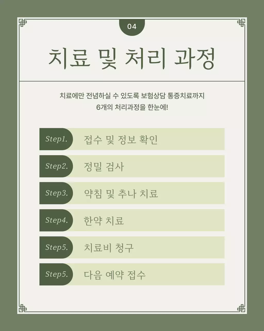 카키와 연두색의 미니멀한 교통사고 한방솔루션 안내서