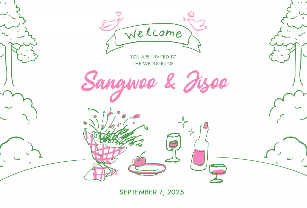 핑크 아기자기한 결혼 초대장